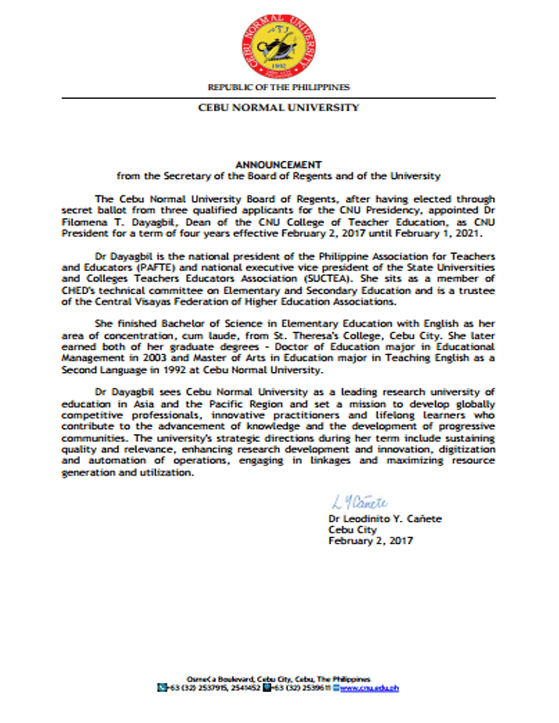 Dr Filomena T. Dayagbil is the new President of Cebu Normal University