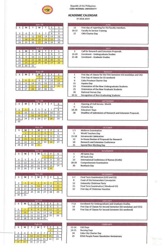 School Calendar Cebu Normal University